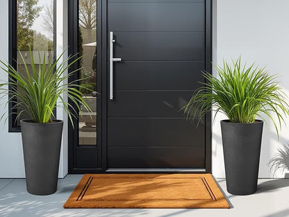 24" Resin Planters Set of 2 Outdoor Large Plant Pot Tall Flower Pots for Indoor Plants Garden Pot w/Drainage Hole Obsidian Leather Planter for Porch, Patio, Deck Living Room Home Decor