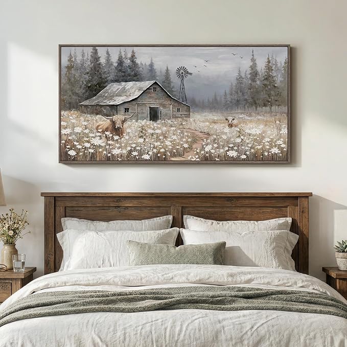 Large Framed Farmhouse Wall Art for Living Room, Vintage Rustic Landscape Horizontal Canvas Print, Retro Country Highland Cow Barn Wall Decor for Bedroom Dining Room Hallway 30x60 Inch