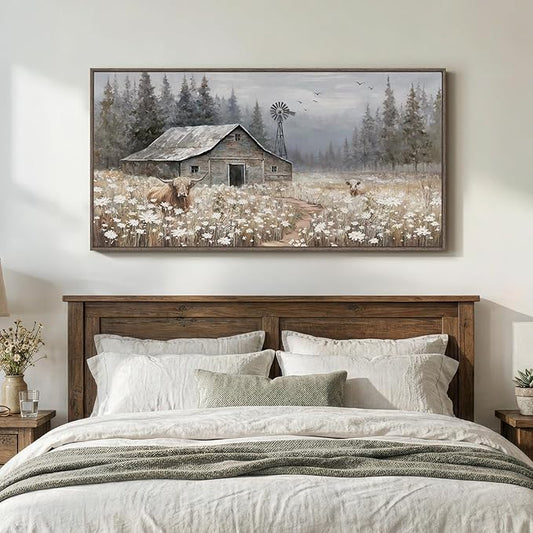 Large Framed Farmhouse Wall Art for Living Room, Vintage Rustic Landscape Horizontal Canvas Print, Retro Country Highland Cow Barn Wall Decor for Bedroom Dining Room Hallway 30x60 Inch
