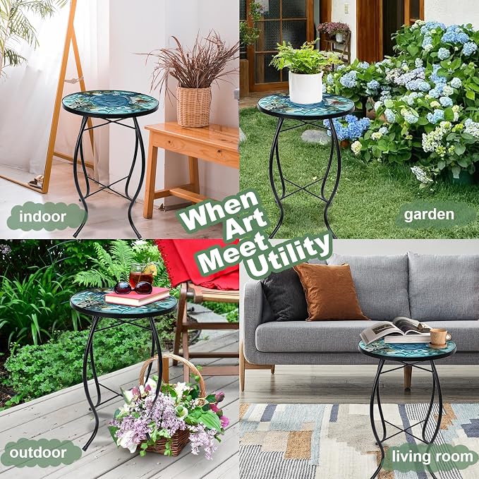 VCUTEKA Patio Side Table Outdoor Accent Table Small Mosaic Table Coffee Table End Table Porch Table Indoor Outdoor Round Glass Balcony Bistro Plant Stands Blue Transparent Turtle 14 inches