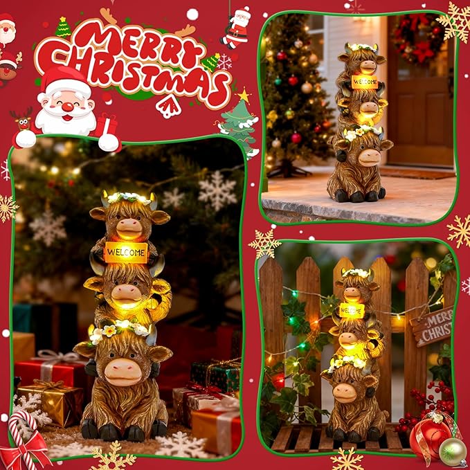 16 in Large Garden Highland Cow Statue Solar Garden Sculptures & Statues with Flower Decoration Birthday Gifts for Women Mom Funny Triple Big Highland Cow Decor for Yard Garden Patio Lawn Ornaments