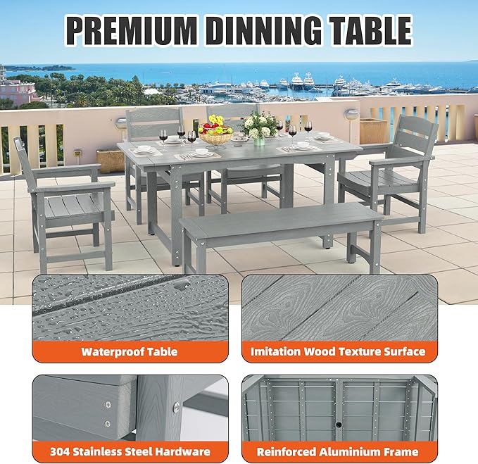 67" Outdoor Dining Table with Umbrella Hole, HIPS All-Weather Rectangular Patio Table for Outdoor/Indoor Use, Grey