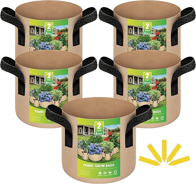 iPower 5-Pack 2 Gallon Plant Grow Bags Thickened Nonwoven Aeration Fabric Pots Heavy Duty Durable Container, Strap Handles for Garden, Tan