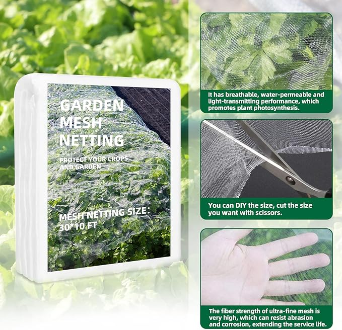 Garden Netting Kit, 10x30 Ft Pest Barrier Bird Ultra Fine Mesh Netting with 6Sets Garden Hoops & 36 Clips for Raised Beds, Garden Plants Net Protection for Vegetable Fruit Flowers Greenhouse Row Cover