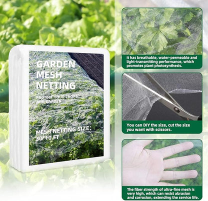 Garden Netting Kit, 10x30 Ft Pest Barrier Bird Ultra Fine Mesh Netting with 6Sets Garden Hoops & 36 Clips for Raised Beds, Garden Plants Net Protection for Vegetable Fruit Flowers Greenhouse Row Cover
