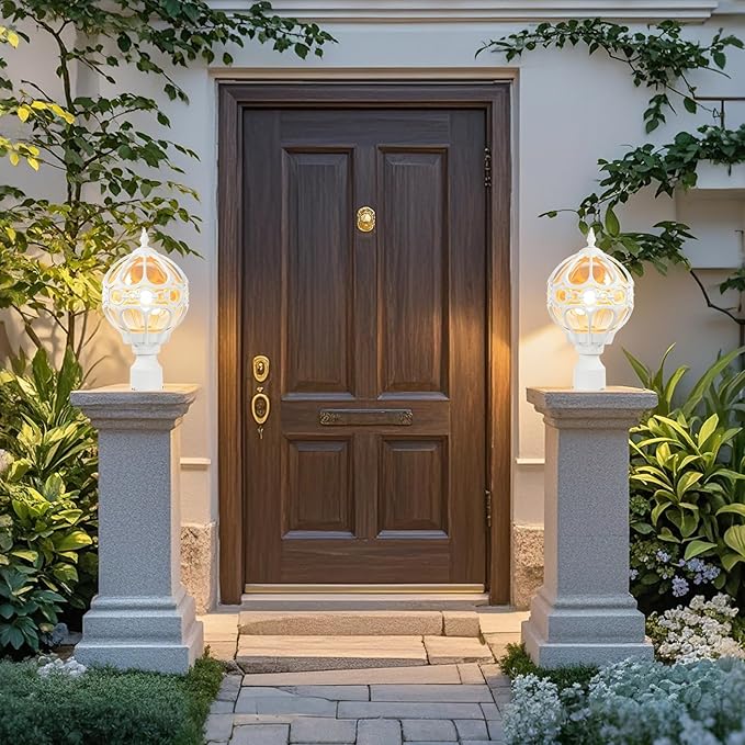Globe Outdoor Lamp Post Lights for Driveway Yard Patio Garden, Aluminum Waterproof Exterior Pier Mount Lamp, Round Pole Lantern Outside Lawn Post Lighting Fixtures for 3" Pole Fence Deck, 2 Pack