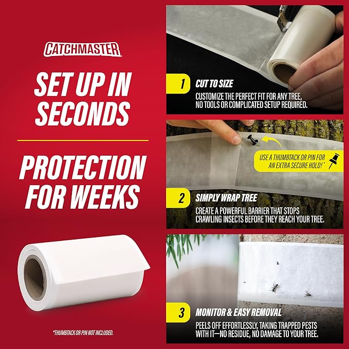 Catchmaster Tree Shield Lantern Fly & Ant Traps Insect Barrier, 12 Rolls 30ft Each, Outdoor Adhesive Crawling Insect Trap to Protect Trees, Fruit & Plants, Pest Control Lawn & Garden