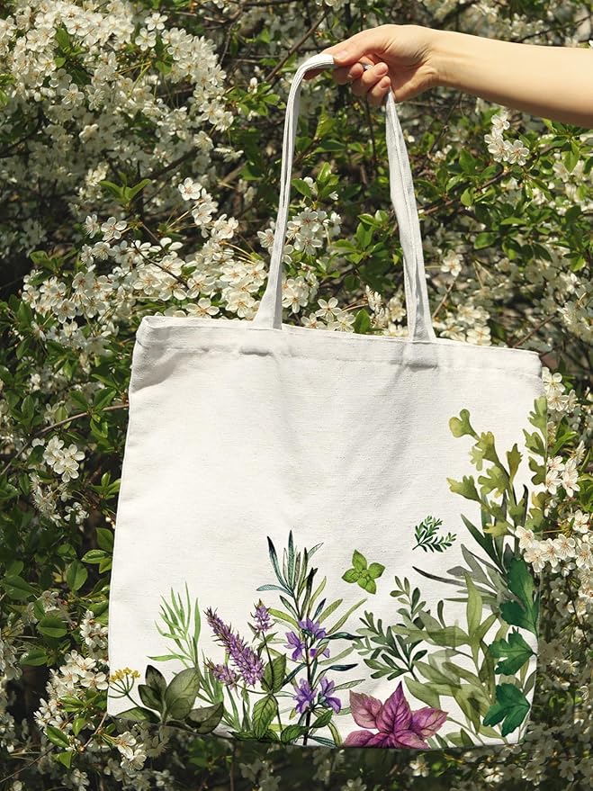Bencailor 2 Pcs Spring Flower Canvas Tote Bags Reusable Wildflowers Herbs Plant Grocery Bags for Women Shopping Spring Gifts(Herbs)
