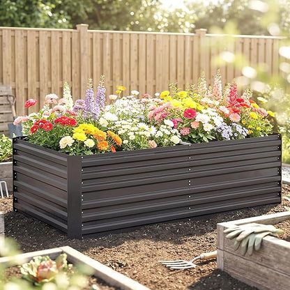 Outsunny Galvanized Raised Garden Bed Kit with Reinforcing Bars, Large and Tall Metal Planter Box for Vegetables, Flowers and Herbs, 6' x 3' x 2', Dark Gray