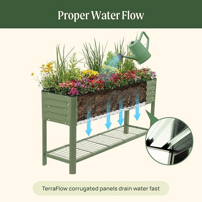 Elevated Raised Garden Bed- Slim Series, 1.5' x 5.5' Outdoor Planters Boxes with Legs & Storage Rack for Patio, 750 Lbs Weight Capacity, Raised Beds for Gardening Herbs Vegetables Flowers, Olive Green
