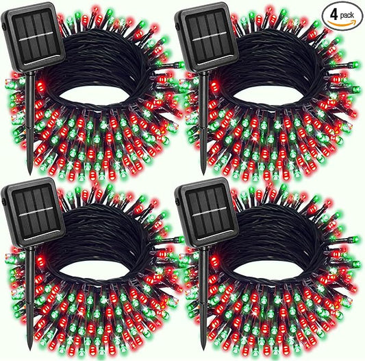 4 Pack Solar Christmas Lights Outdoor Waterproof, 132FT 400LED Solar String Lights Green Wire Fairy Lights, Solar Twinkle Lights with 8 Lighting Modes for Xmas Garden Decorations (Red&Green)