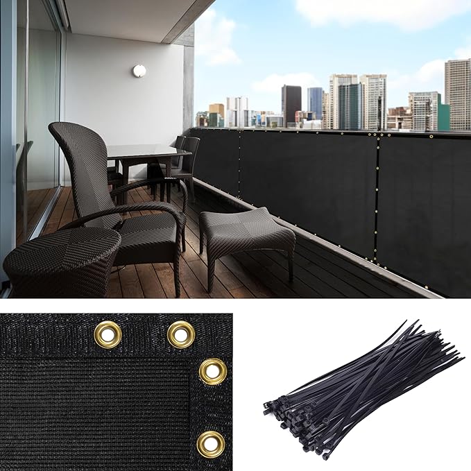 Amgo Custom Made 3' x 33' Black Balcony Privacy Screen, Apartment Porch Railing Patio Fence Windscreen Fabric Cloth, Heavy Duty, Commercial and Residential, 90% Blockage (We Customize)