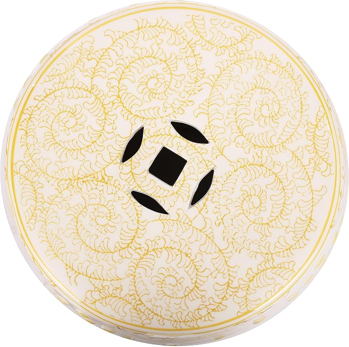 JONATHAN Y Double Happiness 18" Ceramic Garden Stool, Traditional Chinoiserie Yellow and White Indoor/Outdoor Patio Drum Accent Side Table and Plant Stand TBL1013B