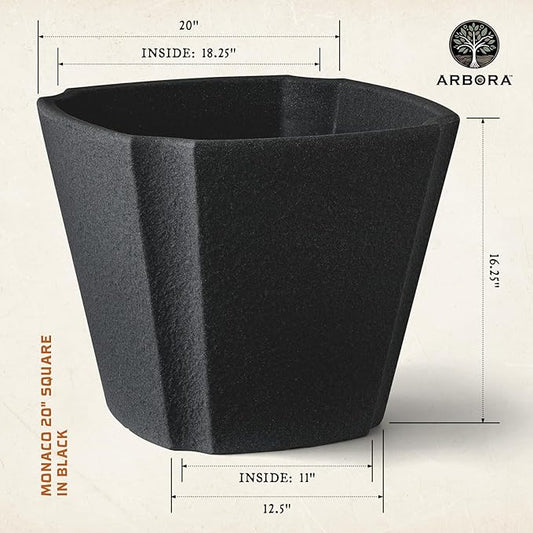 ARBORA 20" Monaco Square Polyresin Indoor and Outdoor Planter with Classic Black Finish - Durable, Weatherproof, Lightweight, Large Plant Pot for Patio, Garden, Deck, Entryway