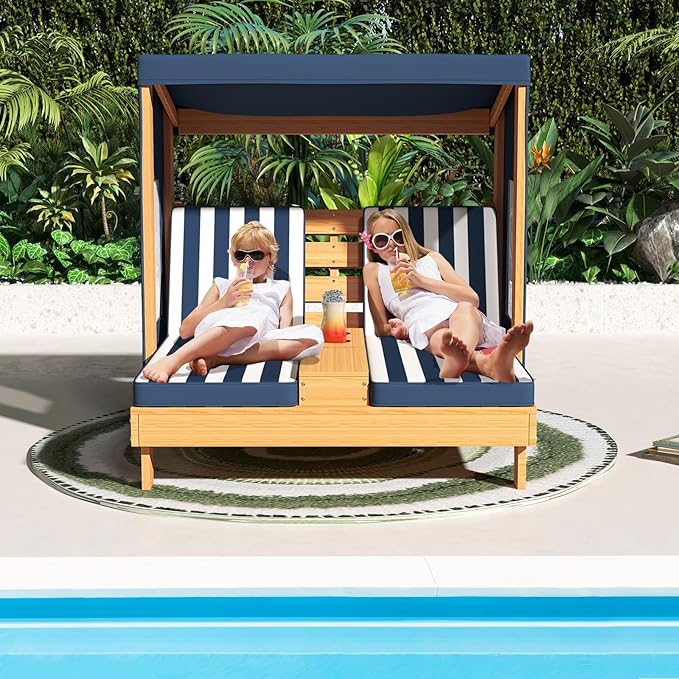 COSTWAY Kids Double Chaise Lounge Outdoor, 2-Seat Patio Lounge Chair with Cup Holders & Cushions, Kids Pool Lounger with Canopy, Wood Patio Furniture for Children Boys Girls 3 Year Old (Navy)
