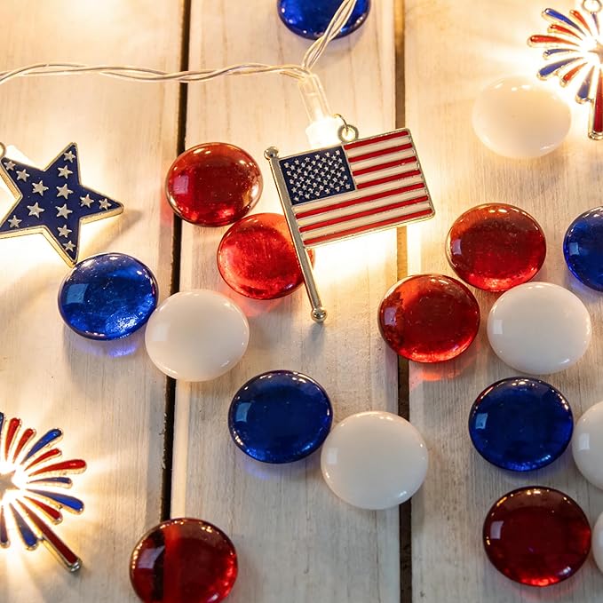 150 Pieces Red Blue White Glass Gemstone Beads Patriotic Vase Fillers Stone Independence Day Bowl Filler Gems Flat Marble Beads Glass Gem Pebbles for Home Decoration (Red Bule and White)