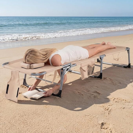 COSTWAY Tanning Chair with Face Hole, Folding Beach Lounge Chair | 4-Position Adjustable Backrest, Pillow & Side Pocket for Sunbathing, Camping (2, Beige)