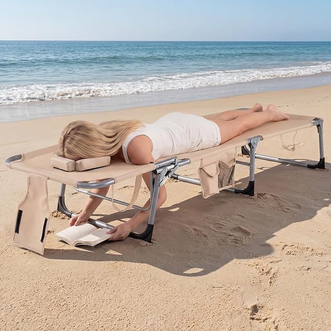COSTWAY Tanning Chair with Face Hole, Folding Beach Lounge Chair | 4-Position Adjustable Backrest, Pillow & Side Pocket, Foldable Chaise Lounge Chair Outdoor for Sunbathing, Camping (1, Beige)