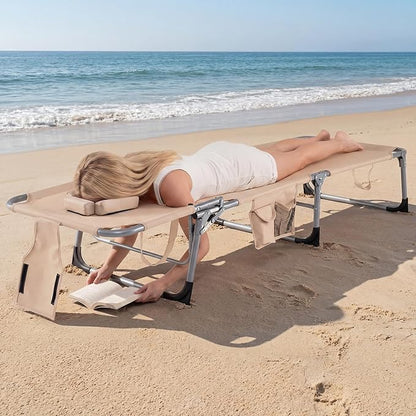 COSTWAY Tanning Chair with Face Hole, Folding Beach Lounge Chair | 4-Position Adjustable Backrest, Pillow & Side Pocket, Foldable Chaise Lounge Chair Outdoor for Sunbathing, Camping (1, Beige)
