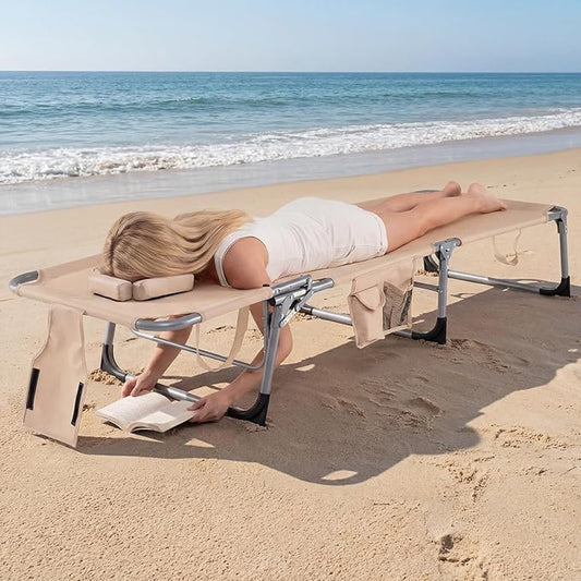 COSTWAY Tanning Chair with Face Hole, Folding Beach Lounge Chair | 4-Position Adjustable Backrest, Pillow & Side Pocket, Foldable Chaise Lounge Chair Outdoor for Sunbathing, Camping (1, Beige)