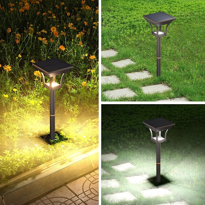 Solar Pathway Lights Outdoor, IP65 Waterproof Bright Solar Outdoor Lights, LED Solar Garden Lights Landscape Lighting for Walkway Lawn Patio Backyard (2 Pack, Warm & Cold White)