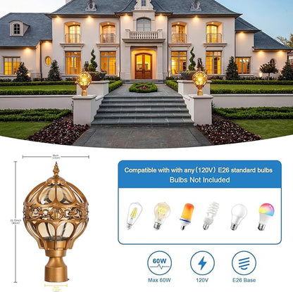 Globe Outdoor Post Light for Lawn Garden Patio, Brass Sphere Outside Pole Light Fixtures Waterproof Aluminum Lamp Post Light, Pier Mount Outdoor Lighting for 3" Pole Fence Deck, 1 Pack