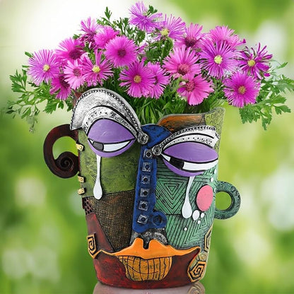 Picasso-Inspired Abstract Face Flower Pot | Unique Head Planter with Drainage Hole | Vibrant Colors & Quirky Art Decor (Tears)