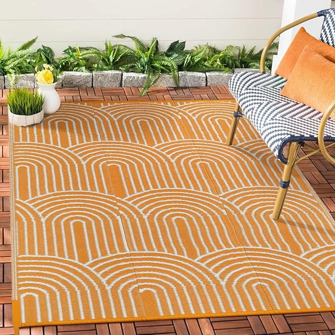 Anidaroel Outdoor Rug 5’x8’ Waterproof, Reversible Rainbow Outdoor Plastic Straw Outside Area Rug, RV Camping Rug for Porch, Balcony, Backyard, Camper, Pool Deck (Orange,5‘x8')