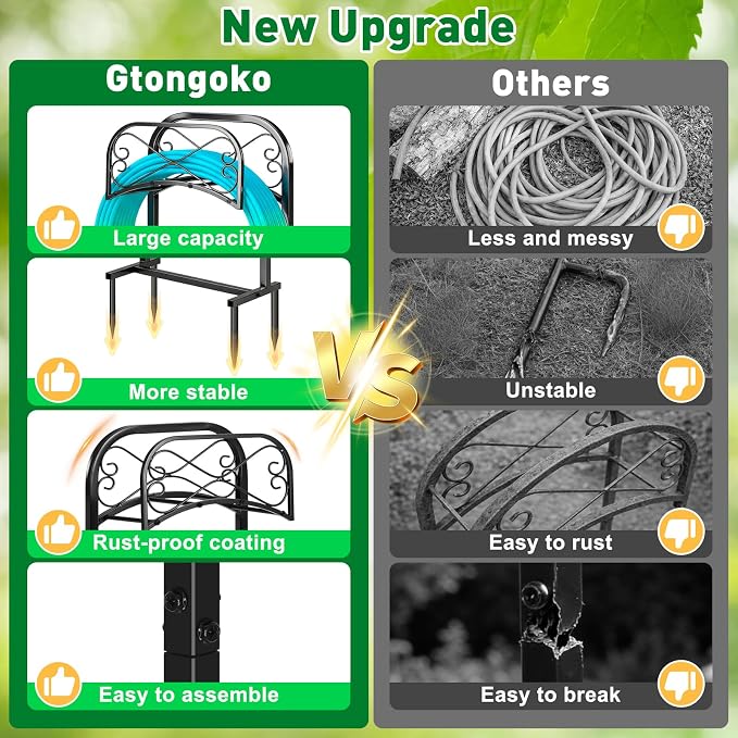 Gtongoko Garden Hose Holder for Outside 70" with 4 Prongs Base & 2 Shepherds Hooks Heavy Duty Freestanding Metal Water Hose Holder Stand Holds Up to 150FT Hose & 44LB Detachable Hose Storage for Yard