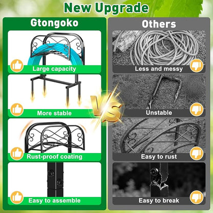 Gtongoko Garden Hose Holder for Outside 70" with 4 Prongs Base & 2 Shepherds Hooks Heavy Duty Freestanding Metal Water Hose Holder Stand Holds Up to 150FT Hose & 44LB Detachable Hose Storage for Yard