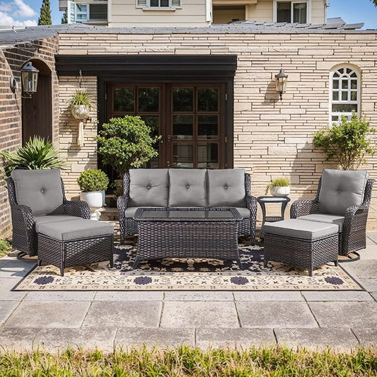 Wicker Patio Furniture-7 Pieces Rattan Patio Furniture Set Outdoor Patio Couch with Swivel Patio Chairs Ottomans and Coffee Table for Deck Poolside Backyard-Brown/Grey