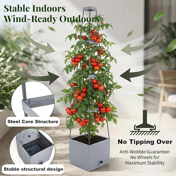 Tomato Planter with Trellis 57" - Self Watering Raised Garden Bed for Climbing Plants, Wind-Resistant Solid Base Box with Cage, Vertical Gardening Pot for Indoor Outdoor Patio Balcony, Grey