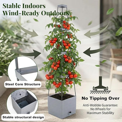 Tomato Planter with Trellis 57" - Self Watering Raised Garden Bed for Climbing Plants, Wind-Resistant Solid Base Box with Cage, Vertical Gardening Pot for Indoor Outdoor Patio Balcony, Grey