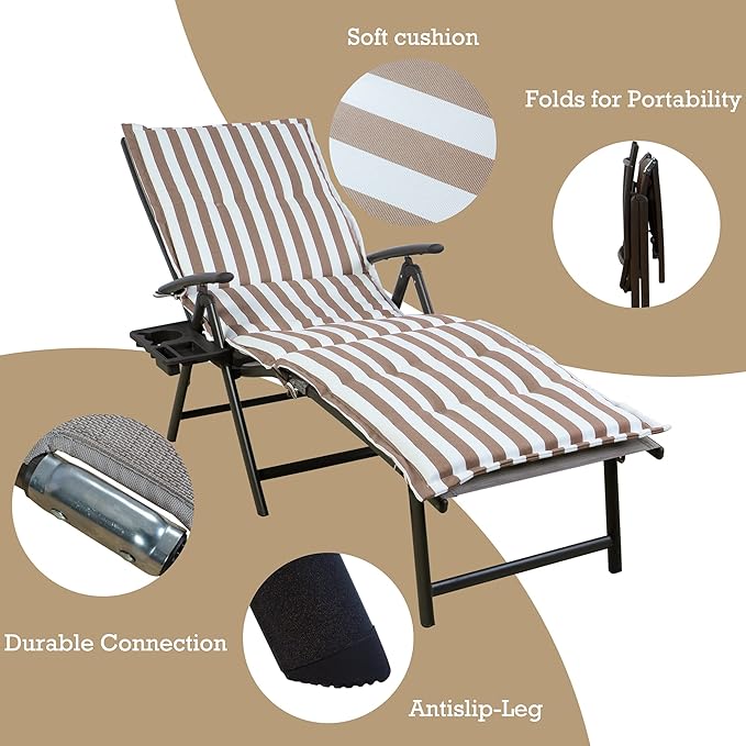 Kozyard Cozy Aluminum Reclining Lounge Chair - Perfect for Beach, Yard, Pool, and Patio Outdoor Chaise Lounge with Drink Holder, Weather Free Adjustable Assemble Free (Beige with Beige Strip Cushion)