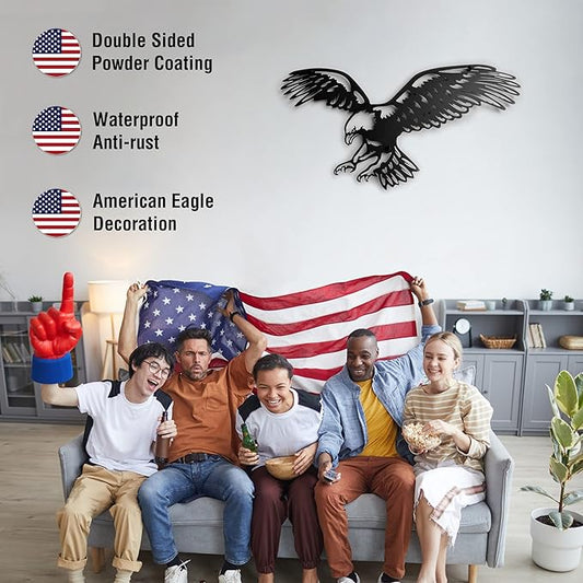 Bald Eagle Metal Wall Art – Black Patriotic Eagle Decor, Metal Wall Hanging for Indoor Outdoor Home, Garage, Man Cave, Rustic Wildlife Gift for Men