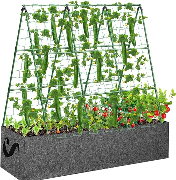 Cucumber Trellis with 46 Gallon Grows Bag, 50 x 54 Inches A Frame Outdoor Greenhouse Trellis and Fabric Raised Bed, Climbing Net and Plant Support Clips for Bean Climbing Plants