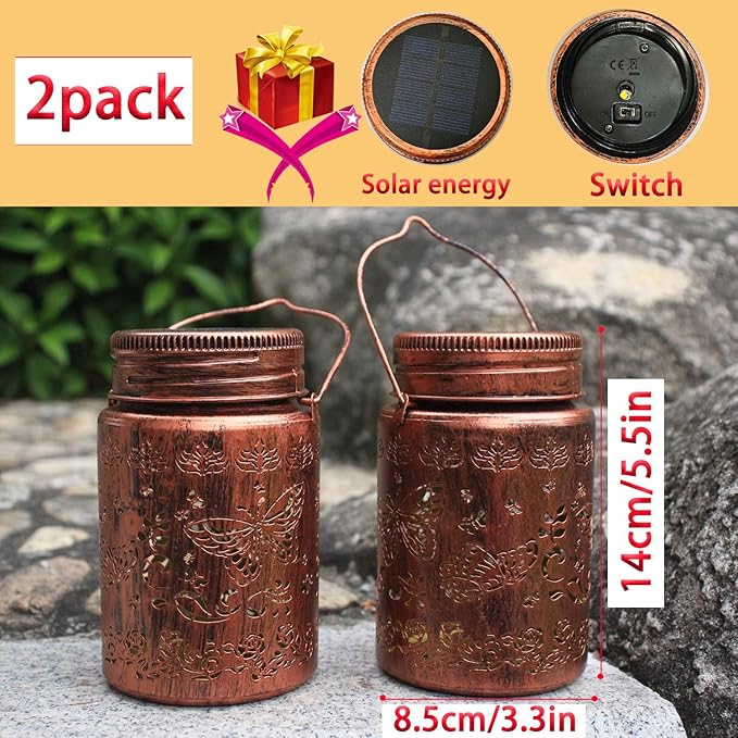 2pack Butterfly Solar Lanterns Outdoor Waterproof Hanging Solar Lights Gifts for Women Men Metal Bird Decorative LED Lanterns for Yard, Patio, Lawn, Tabletop, Garden Decor(Butterfly 2pack)