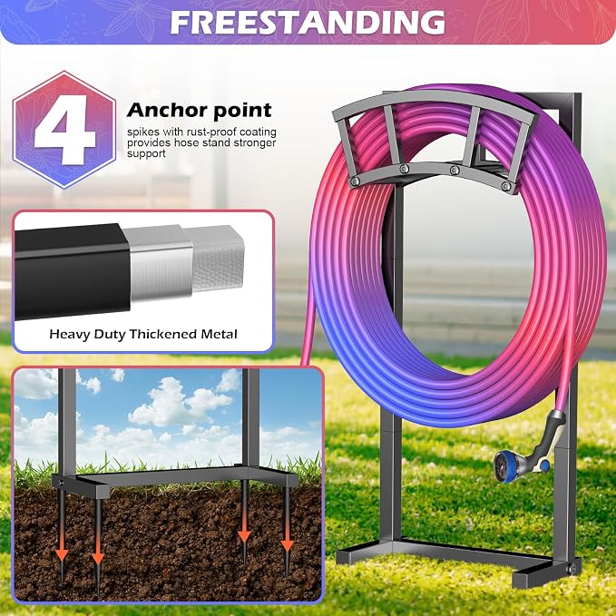 Garden Hose Holder Freestanding, Outdoor Heavy Duty Water Hose Holder Reel with 4 Spikes Holds 150-ft Water Pipe, Detachable Metal Hose Storage Stand Hanger Rack for Outside Yard Lawn Farm, Black