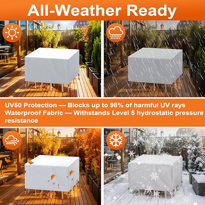 Patio Furniture Cover Rectangle 100"(L) x 48"(W) x 40"(H), Custom Heavy Duty 420D Waterproof Outdoor Cover with Drawstring & Buckles for Table Chair Garden, Silver