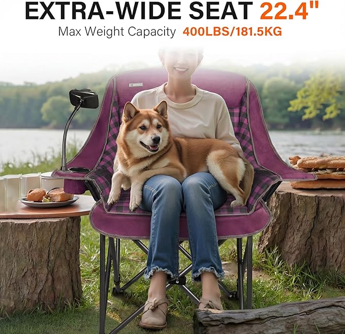 Oversized Camping Chairs for Adults- Heavy Duty Extra Large Lawn Chair,Folding Comfy Padded Camp Chair for Outdoor Sports Garden Beach Fishing,Wide&Thick,Purple Plaid