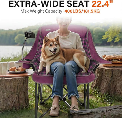 Oversized Camping Chairs for Adults- Heavy Duty Extra Large Lawn Chair,Folding Comfy Padded Camp Chair for Outdoor Sports Garden Beach Fishing,Wide&Thick,Purple Plaid