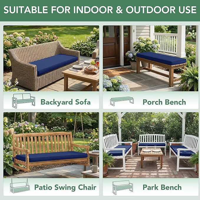 Summsun Outdoor Bench Cushion: Waterproof and Fade Resistant Patio Furniture Cushions - Non-Slip Bench Pad Cushion with Removable Cover for Garden Swing Porch Sofa Settee, 42 x 18 Inch, Navy Blue