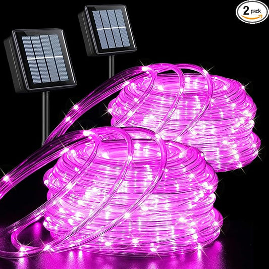 YEGUO Solar Christmas Lights Outdoor Waterproof, 2 Packs Each 33ft 100 LED Rope Lights, 8 Modes Fairy String Lights in Clear Thin Tube for Camping Fence Patio Garden Trampoline Deck(Pink)