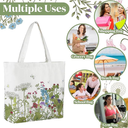 Bencailor 2 Pcs Spring Flower Canvas Tote Bags Reusable Wildflowers Herbs Plant Grocery Bags for Women Shopping Spring Gifts(Classic)