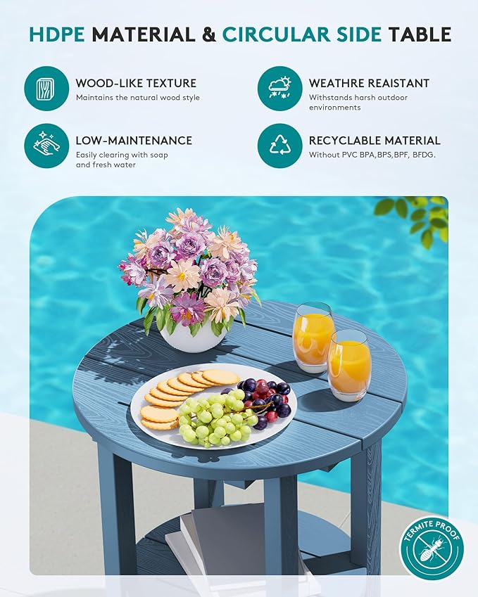SERWALL Round Outdoor Side Table, HDPE Small Adirondack End Table,2-Tier Patio Side Table for Backyard Pool Porch Garden Lawn, Navy