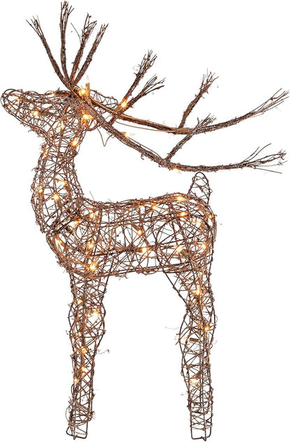 Alpine Corporation 35" Tall Outdoor Lighted Rattan Reindeer Christmas Yard Decoration with 60 Warm White LED Lights for Lawn Display, Brown