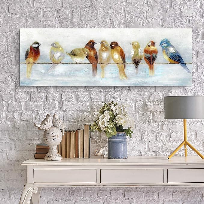 ARTISTIC PATH Abstract Birds Canvas Wall Art: Colorful Birds on Wire Picture Sparrow Painting Artwork for Living Room (45" W x 15" H, Multi-Sized)