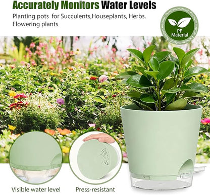 Plant Pots 8 Inch Self Watering Pots, 2 Pack Plastic Planters with Drainage Holes and Clear Saucers,Plastic Flower Pots for Indoor Out Door Plants (Green)
