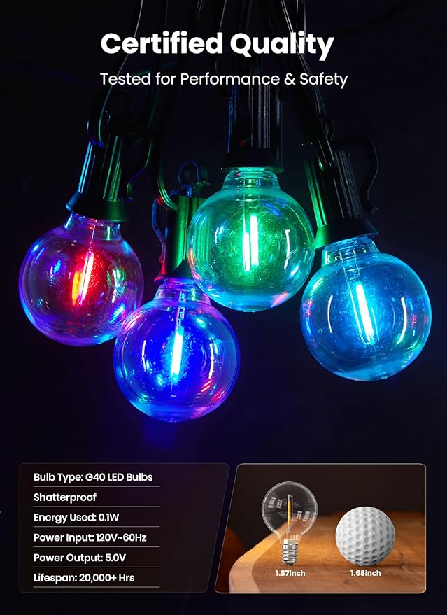 Brightown Outdoor String Lights 29 Feet G40 LED Patio Lights, 13 Plastic Edison Bulbs(1 Spare), Waterproof Connectable Hanging Light for Backyard Porch Balcony Party Decor, E12 Base, Multicolor