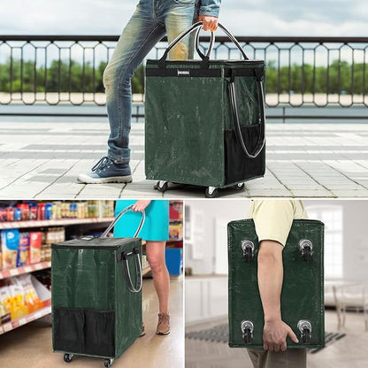 (Medium,Green) Reusable Grocery Bag on Wheels, Foldable Rolling Tote, Carries Up to 66 lbs Shopping Trolley, Zipper Clouser Shopping Carts for Trips, Laundry, 4 Heavy Duty Wheels and 3 Handles